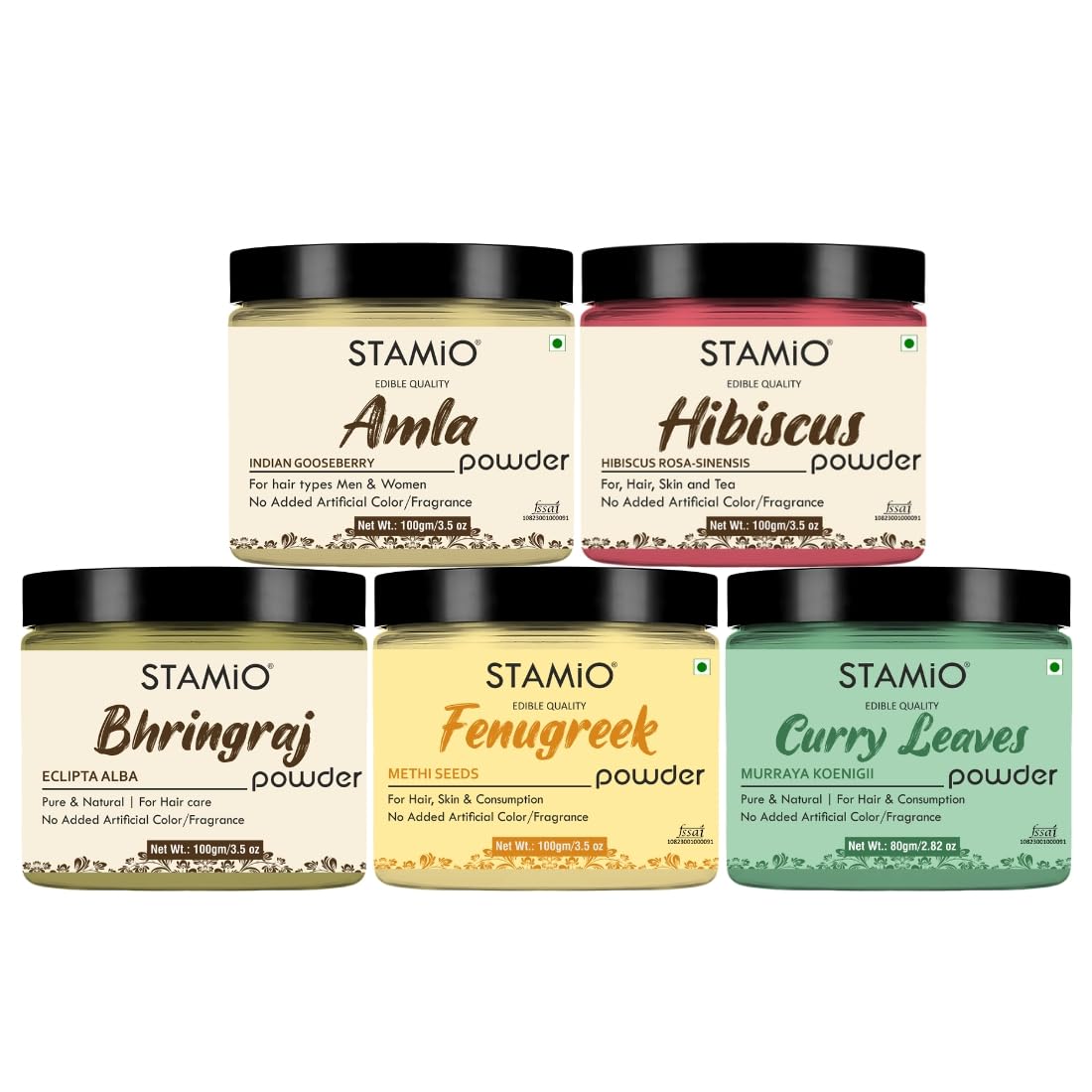 Stamio Hair Care 5 Products Combo 480 Gm  Amla Hibiscus Bhringraj Fenugreek (Methi Dana) Curry Leaves Powder For Mask, Pack, An