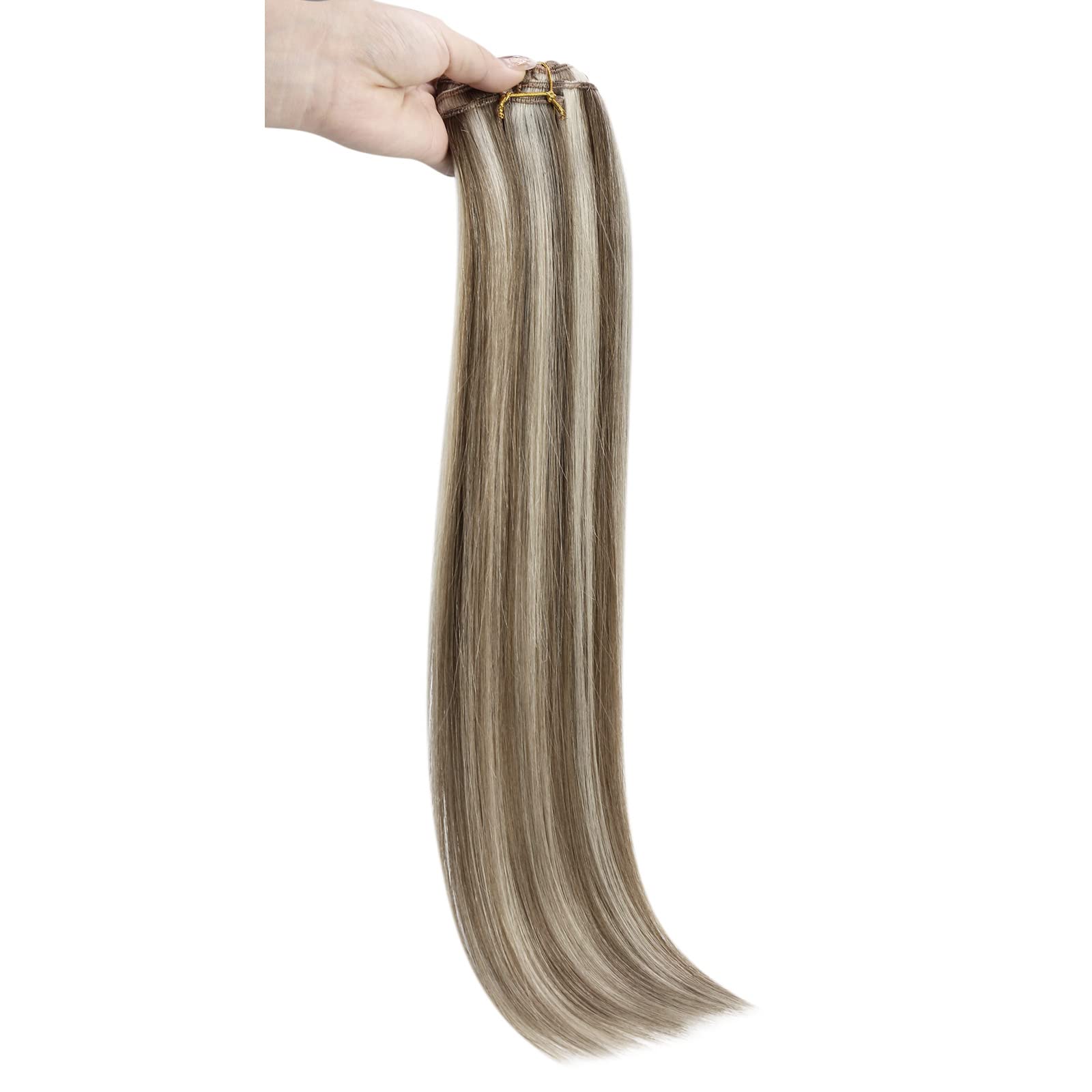 Sunny Real Human Hair clip in Hair Extensions Blonde Brown Highlights clip in Remy Hair Extensions Light Brown with Platinum Blo