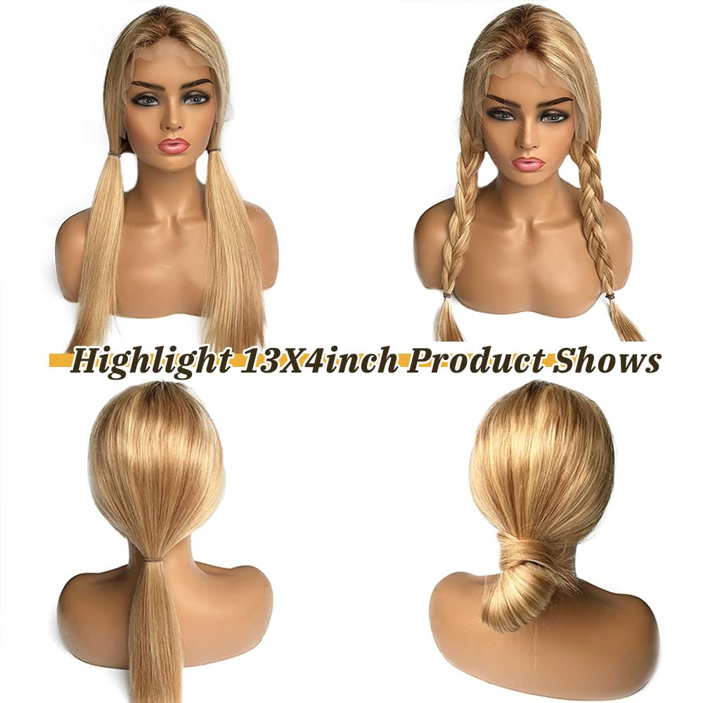 24Inch Long Blonde Highlight Lace Front Wigs 4X4 Lace Closure Ombre Brown Human Hair Wig Straight Highlights 9A Brazilian Virgin