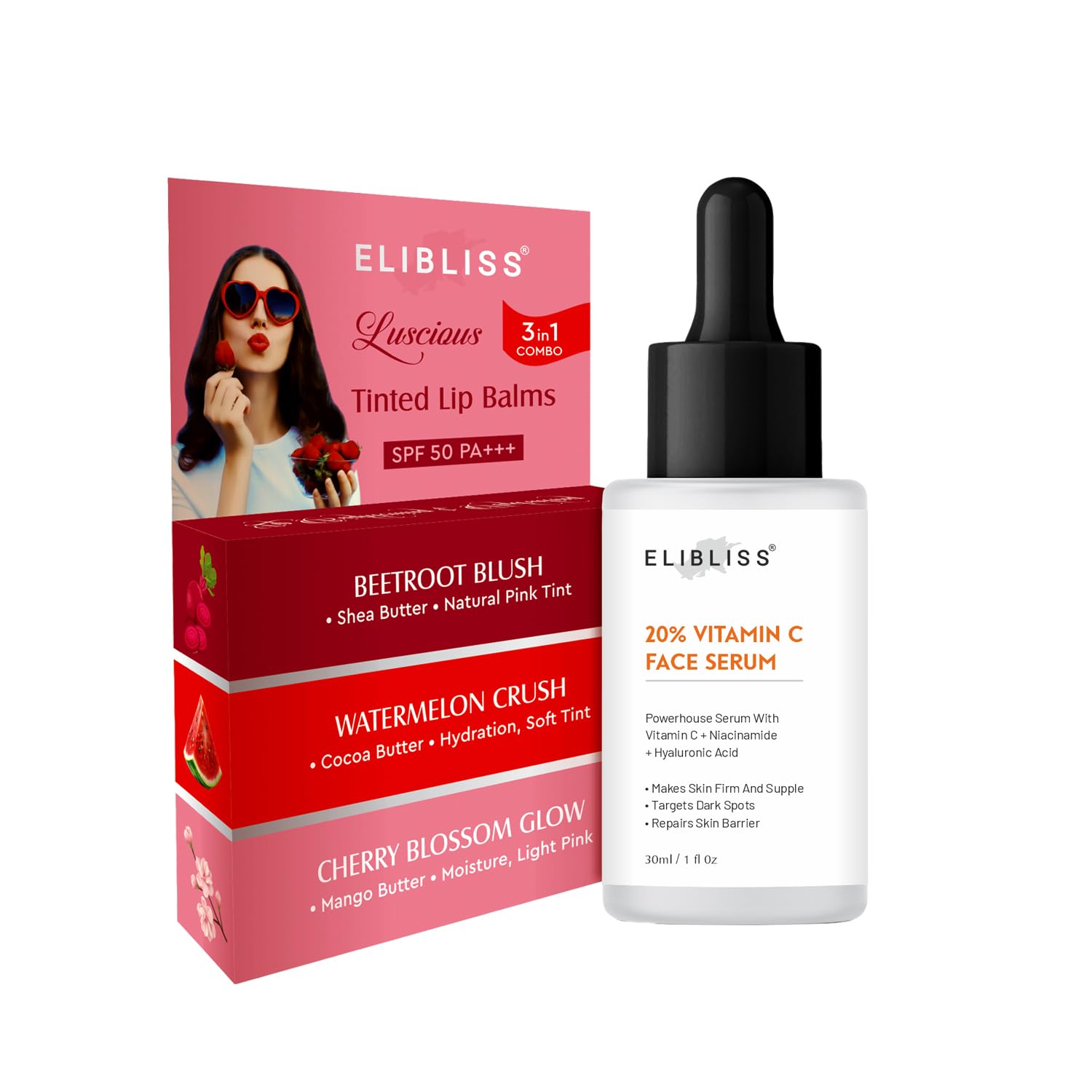 Elibliss Daily Skincare And Lip Care Combo | 20% Vitamin C Face Serum With Niacinamide And Hyaluronic 30Ml | 3 In 1 Tinted Lip B