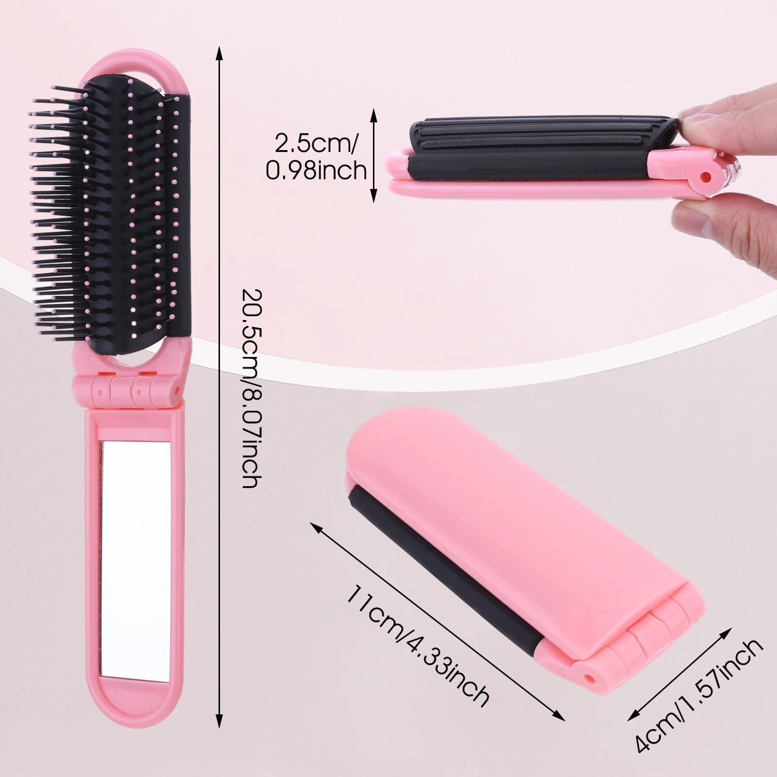 DIVINA VITAE Travel Compact Hair Brush & Mirror Set - 2 PCS Mini Folding Comb, Pink/Black, Plastic, Model 559584