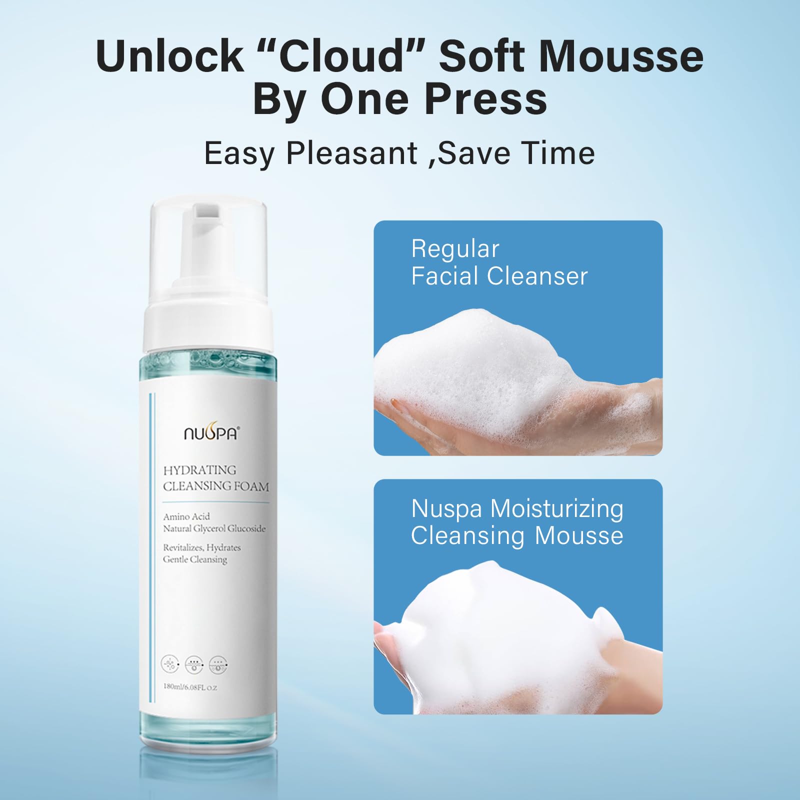 NUSPA 6.08 OZ Self Foaming Face Wash Spray Infused with Amino Acid, Smoothing Hydrating Bubble Facial Cleanser,Natural Gentle De