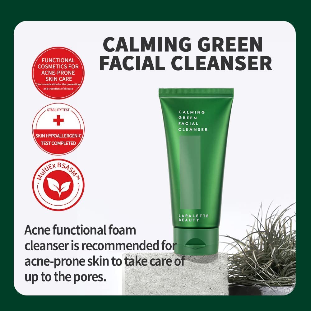 lapalette beauty Calming Green Facial Cleanser. BHA, Mild Cleansing Foam, 120ml / 4.05 fl. oz. / Hydration, Soothing, Cruelty-Fr