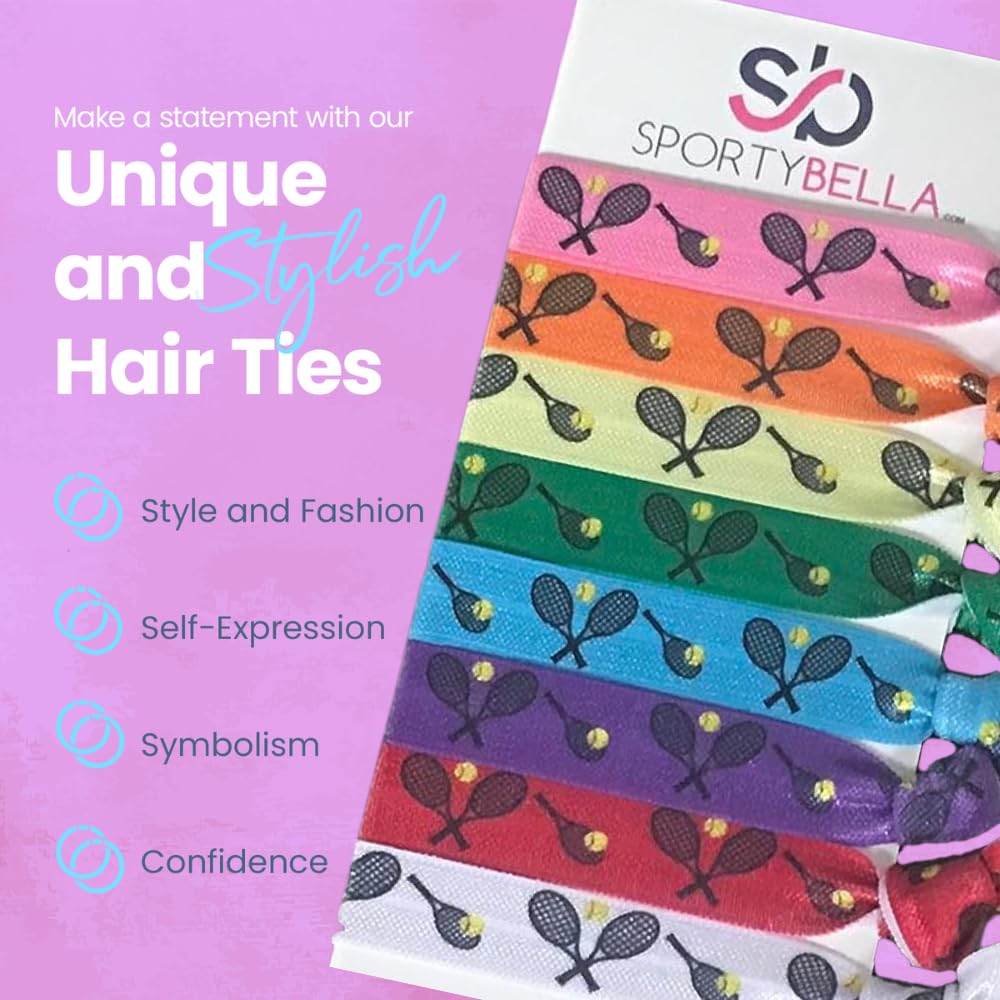 Multi-Colored Tennis Hair Ties for Girls, No Crease Elastics with Tennis Racket Design, Ponytail Ties for Tennis Players (8 pcs)