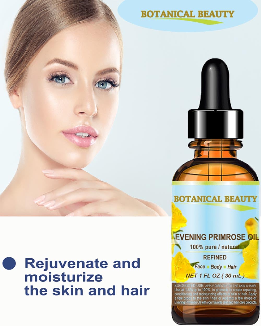Botanical Beauty EVENING PRIMROSE OIL 100% Pure Natural Undiluted Unrefined Virgin Cold Pressed Carrier Oil. 1 Fl.oz.- 30 ml for