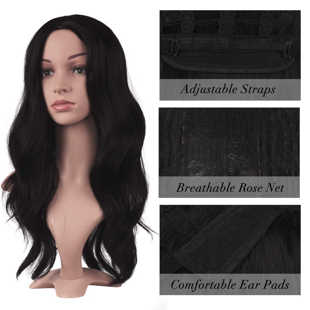 Feshfen Long Black Wigs For Women 22 Inch Curly Wavy Full Wig Middle Parting Wigs Natural Looking Synthetic Wig Extensions For D