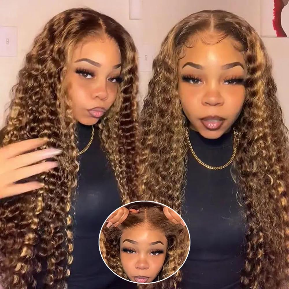 28Inch 4/27 Highlight Hd Transparent Lace Front Wig Wear And Go Glueless Wet And Wavy Human Hair Ombre Honey Blonde Water Wave L
