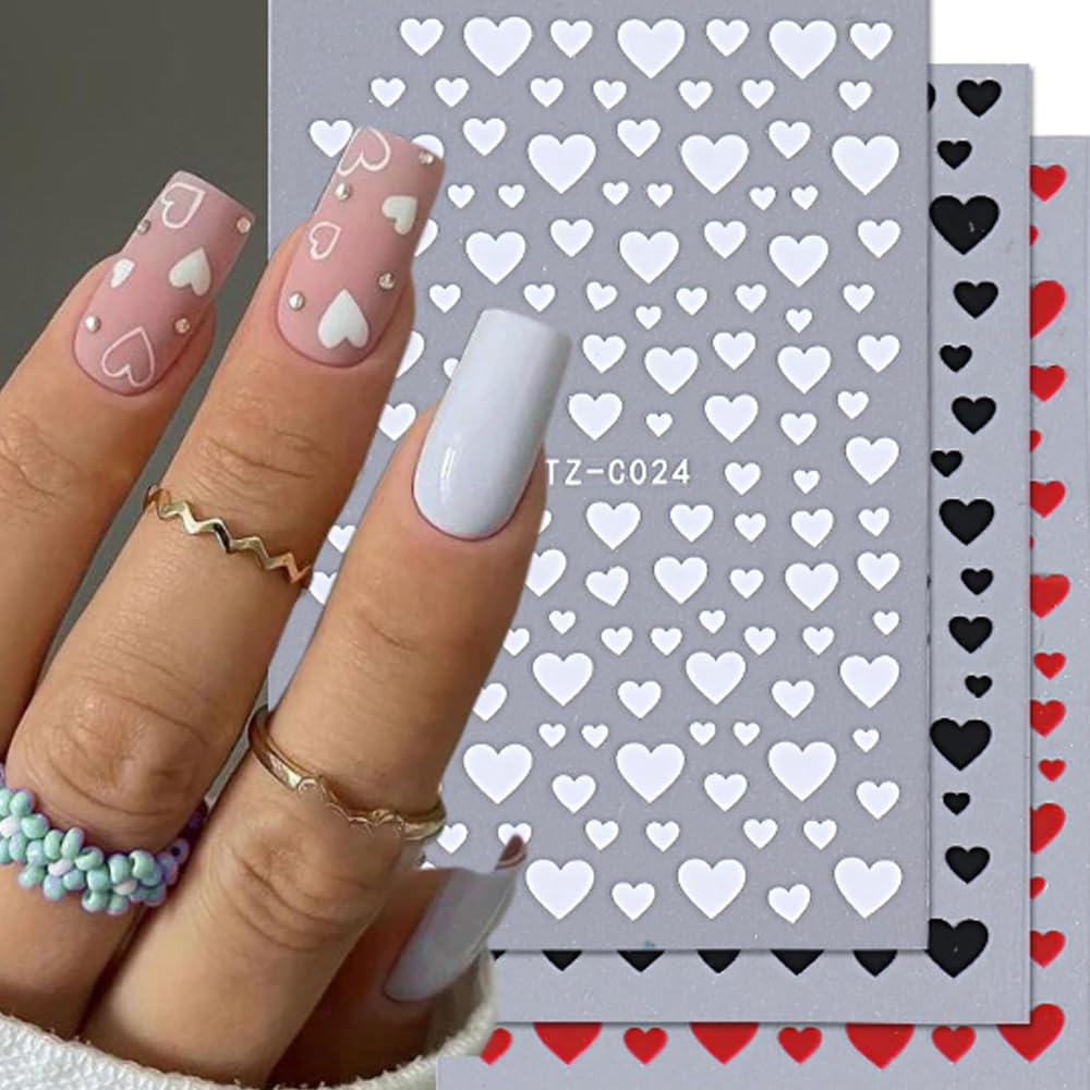 3 Sheets Heart Nail Art Stickers 3D Self-Adhesive Sweet Love Nail Stickers Red White Black Designs Heart Nail Decals DIY Valenti