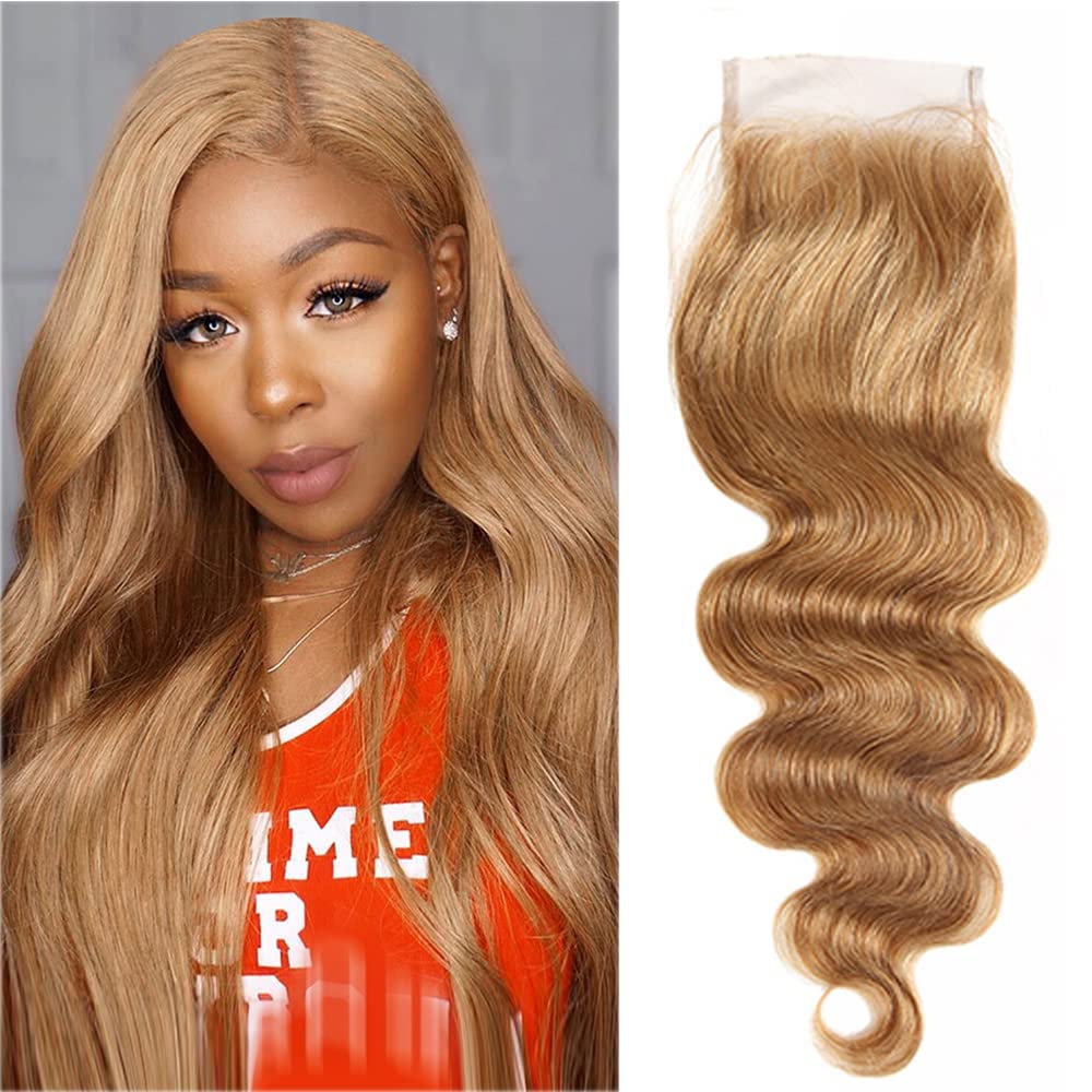 4X4 Honey Blonde Closure Pre Plucked Brazilian Virgin Hair Body Wave Lace Closure With Baby Hair - 14 Inch, Next Day Delivery