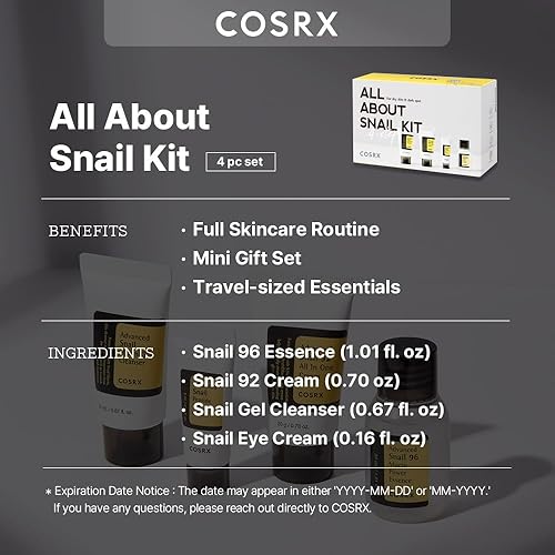 cOSRX All About Snail Korean Skincare  TSA Approved Travel Size, gift Set cleanser, Essence, cream, Eye-cream  Snail Mucin for R