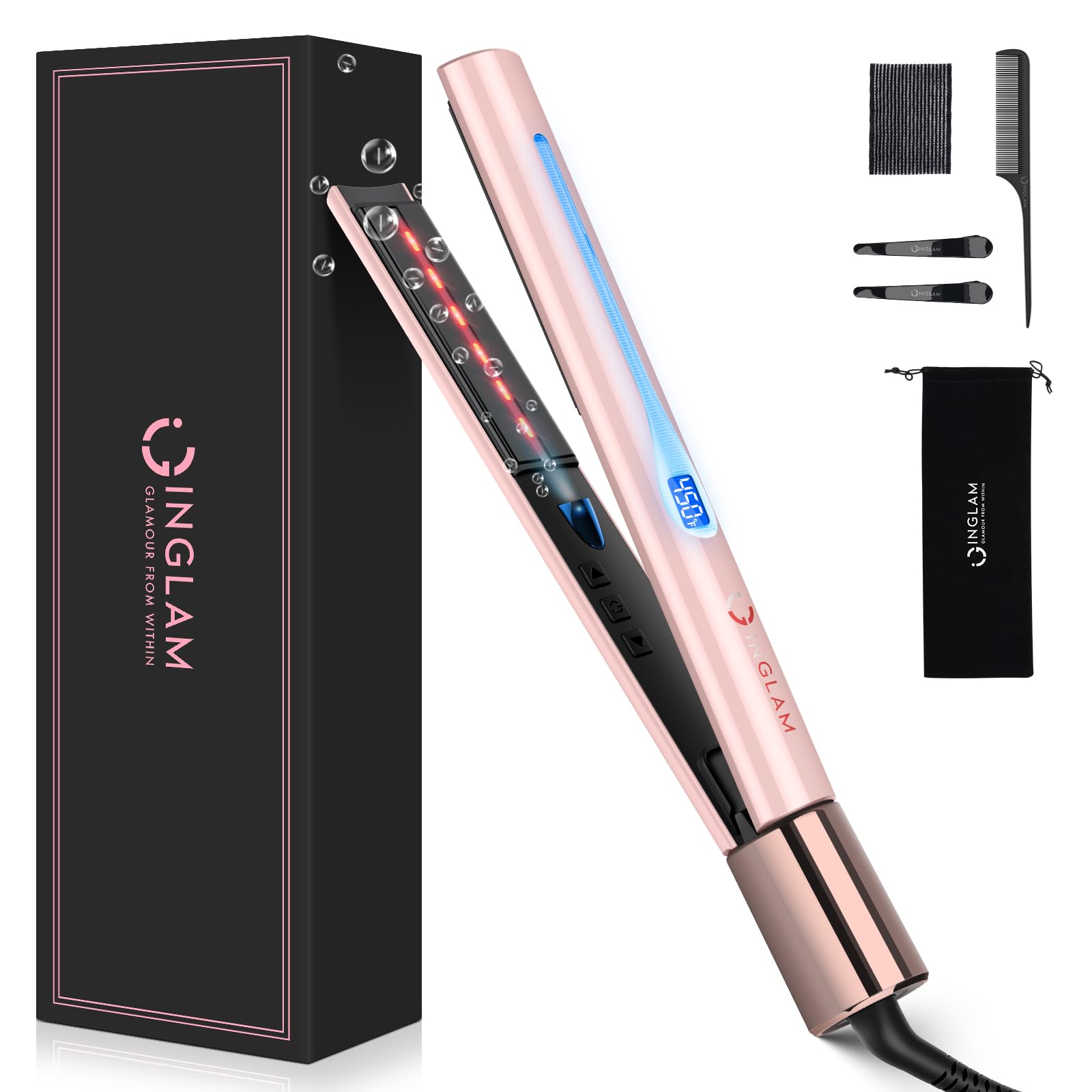 IG INGLAM Titanium Flat Iron Hair Straightener, Infrared Curling Iron 1 Inch, Negative Ionic Hair Iron Straightener 11 Adjust Te