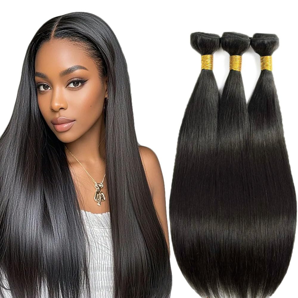 30 30 30 Inch Straight Bundles Human Hair 3 Bundles Brazilian Remy Hair 50 Grams/Bundle Unprocessed Virgin Hair #1B Natural Blac