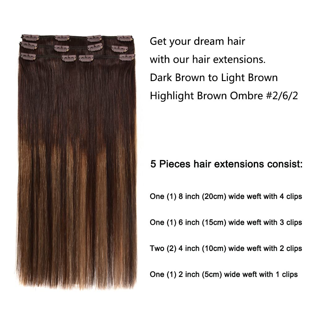 5 Pieces 12'' Remy Clip In Hair Extensions Human Hair Dark Brown To Light Brown Highlight Brown Ombre - Silky Straight Short Thi