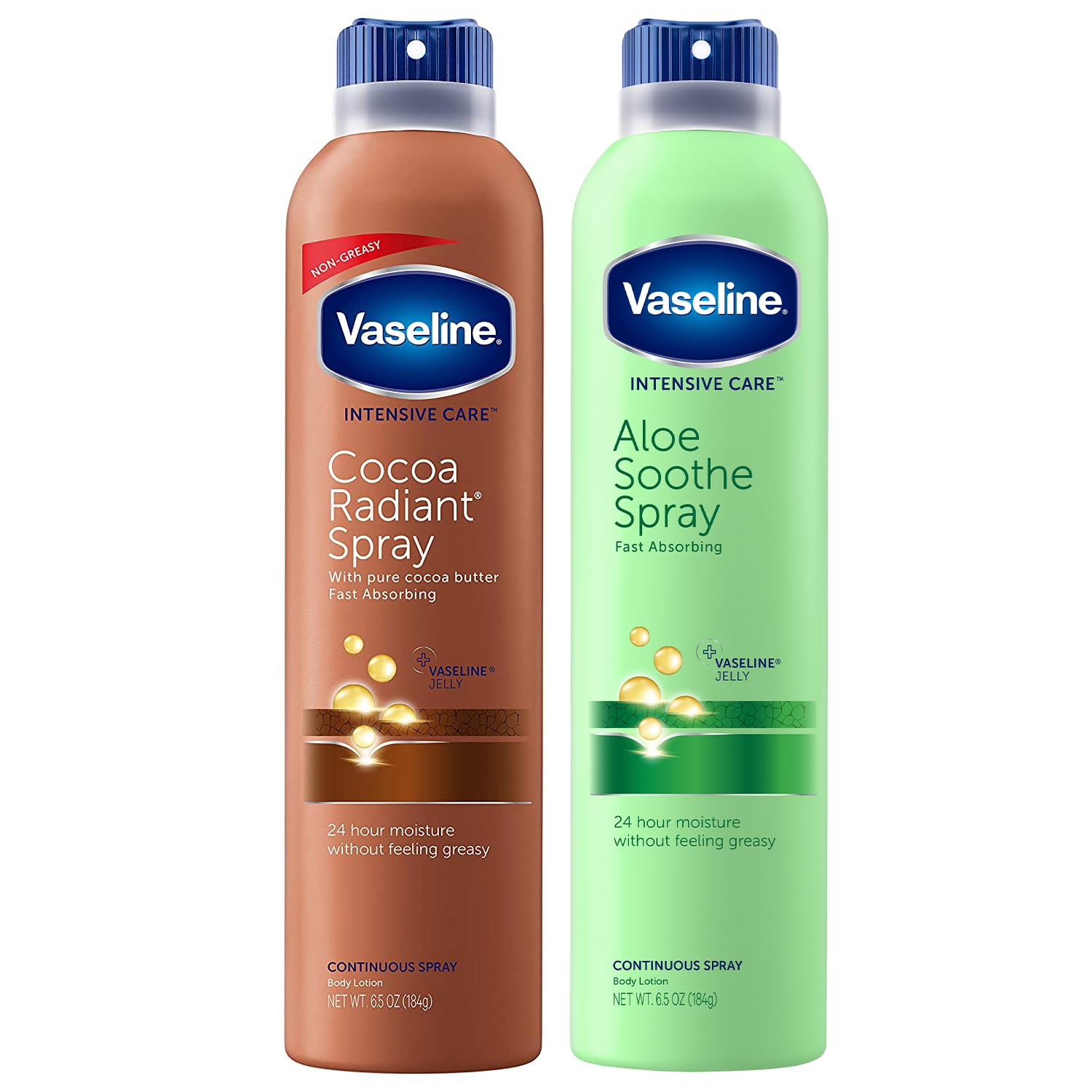 Vaseline Spray and Go Moisturizer, Cocoa Radiance and Aloe Soothe Combo, 6.5 Ounce Each