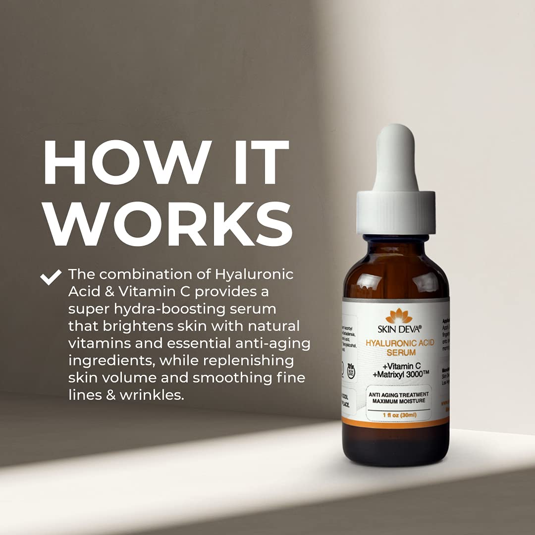 SKIN DEVA 1 oz Serum Vitamin C and Hyaluronic Acid Serum for Face + Matrixyl 3000 Anti Aging Serum, Boost Skin Collagen, Dark Sp