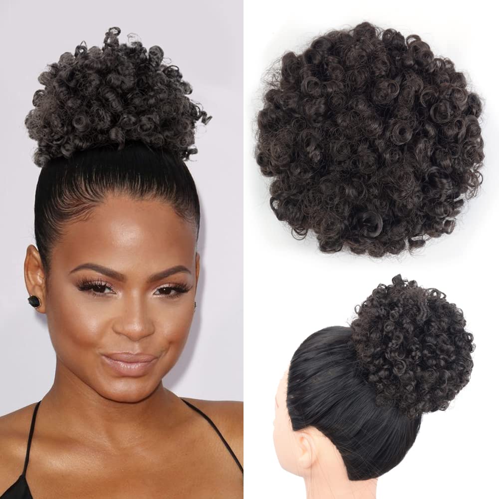 Yinmei Baibian Curly Wavy Afro Puff Drawstring Ponytail Hair Extension for Black Women Loose Wave Natural Black Short Mini Hair 