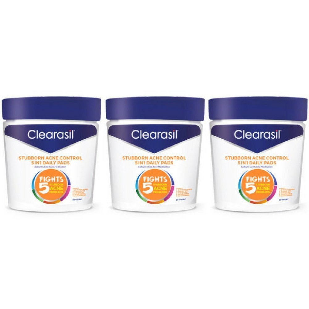 Clearasil Stubborn Acne Control 5in1 Daily Facial Cleansing Pads, 90 Count x Pack of 3