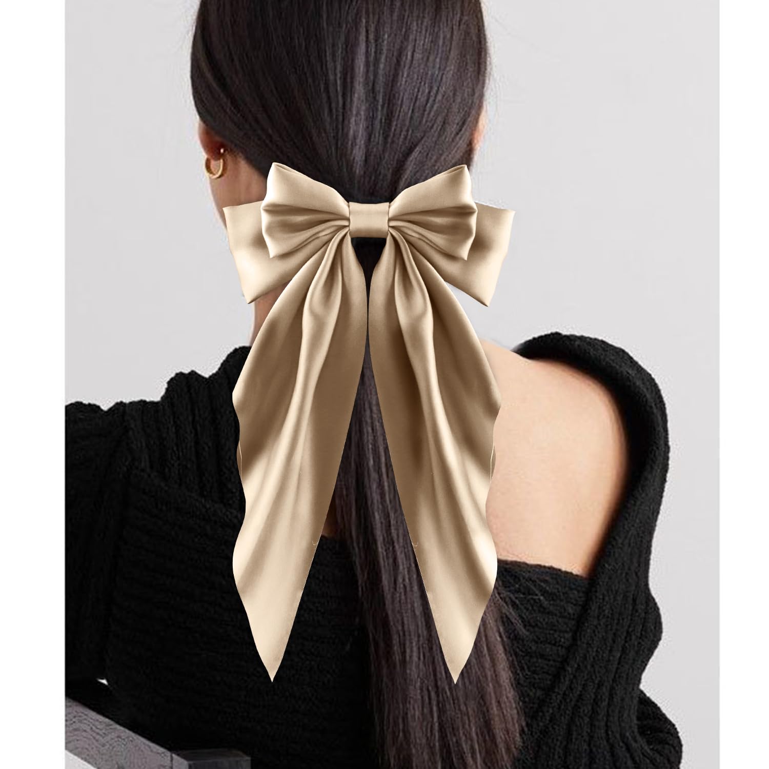 Atoden Oversized Long Tail Hair Accessories - Silky Satin Bowknot Barrettes With Metal Clips For Women In Beige, Grey, Khaki, An