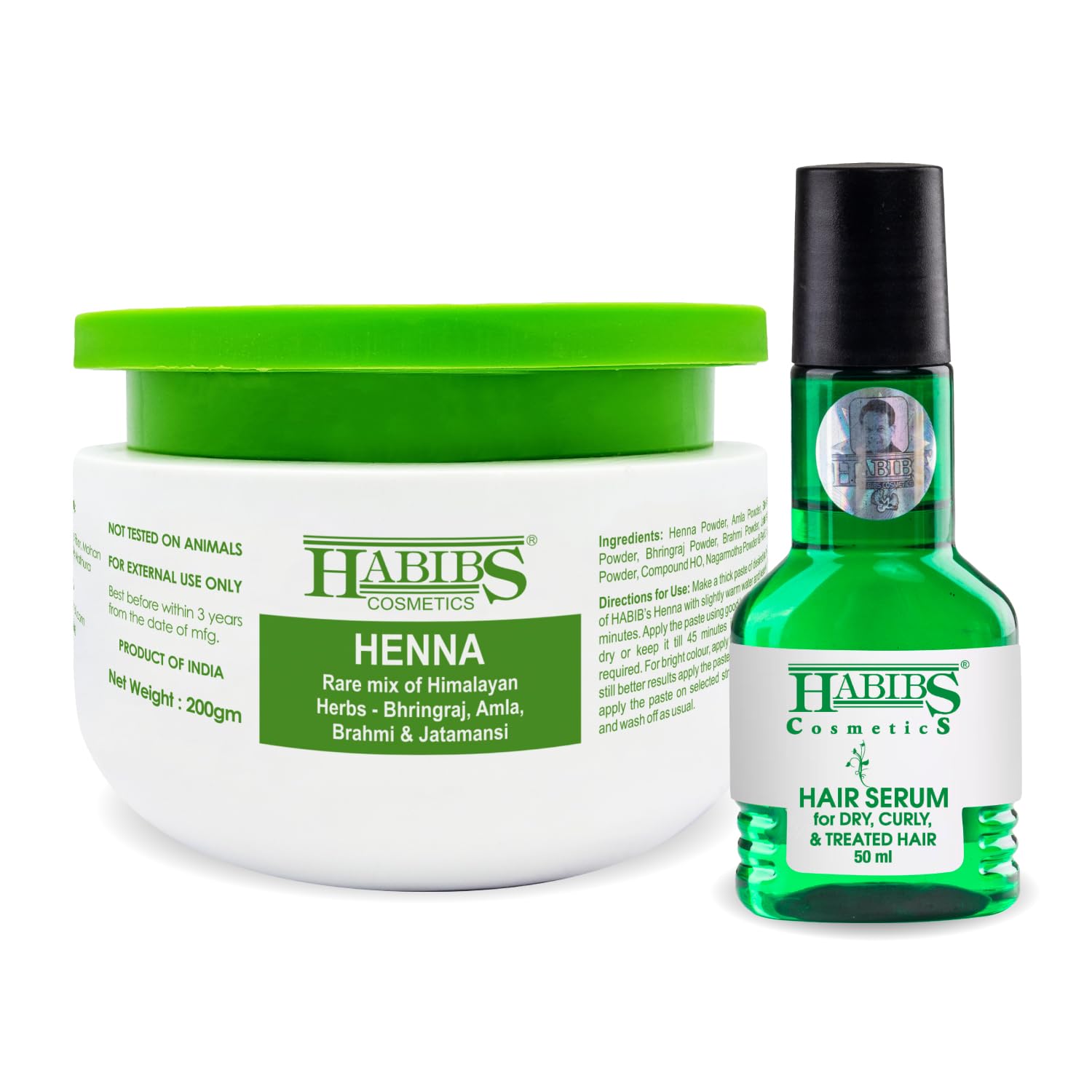 Habibs Hair Serum For Dry.Curly&Treated Hair 50 Ml With Heena (Mehndi) With Medicinal Herbs 200 Gms