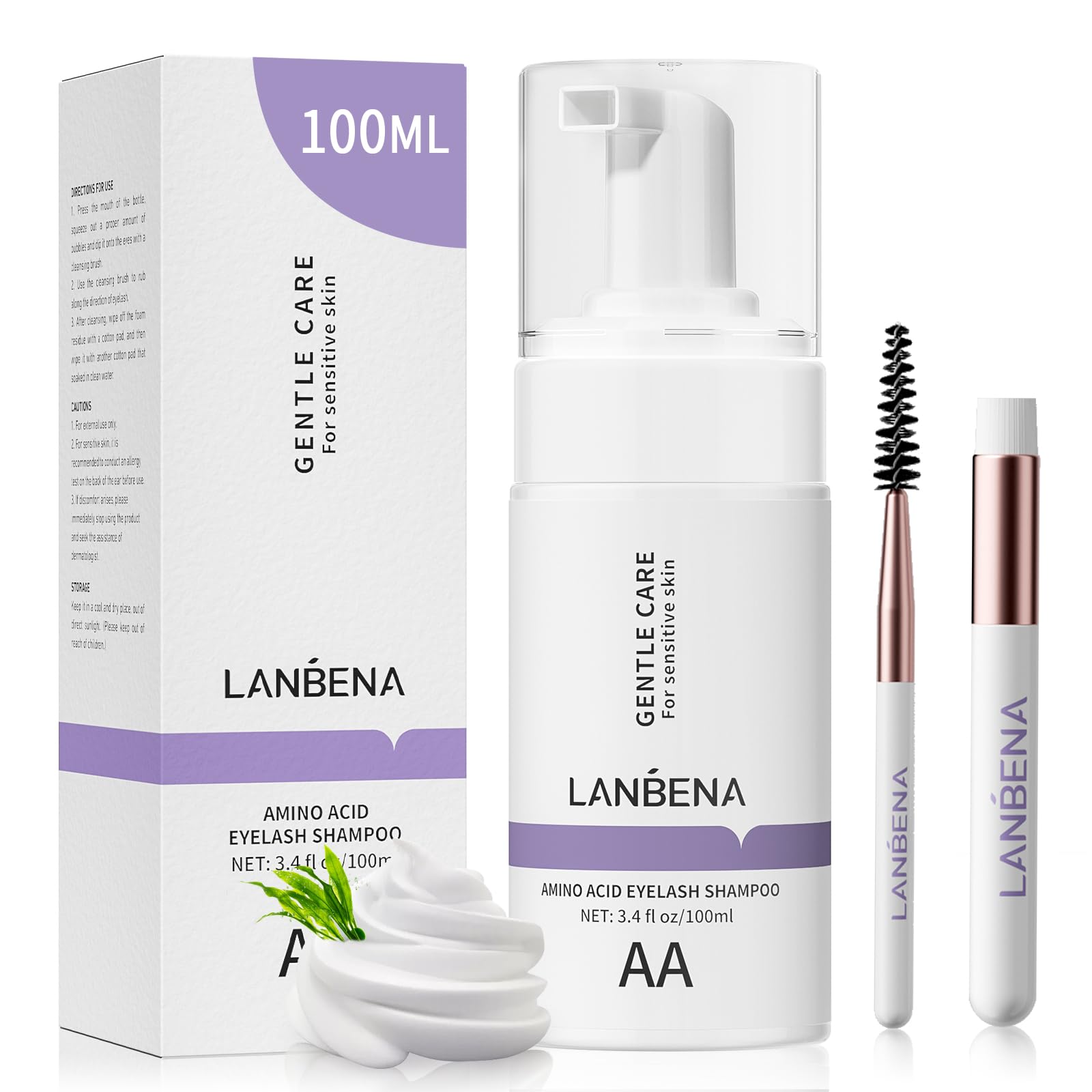 Lanbena 100Ml Eyelash Extension Cleanser, Lash Shampoo For Lash Extensions, Amino Acid Eyelash Shampoo Oil Free Foam Lash Bath F