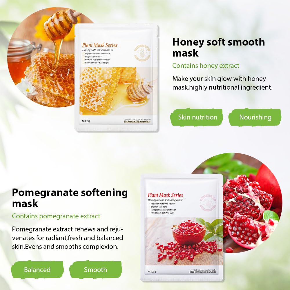6 Pcs Real Hydrating Avocado Honey Pomegranate Aloe Vera Nature Face Masks Skincare, Hyaluronic Acid, Vitamin C And E, Korean Be