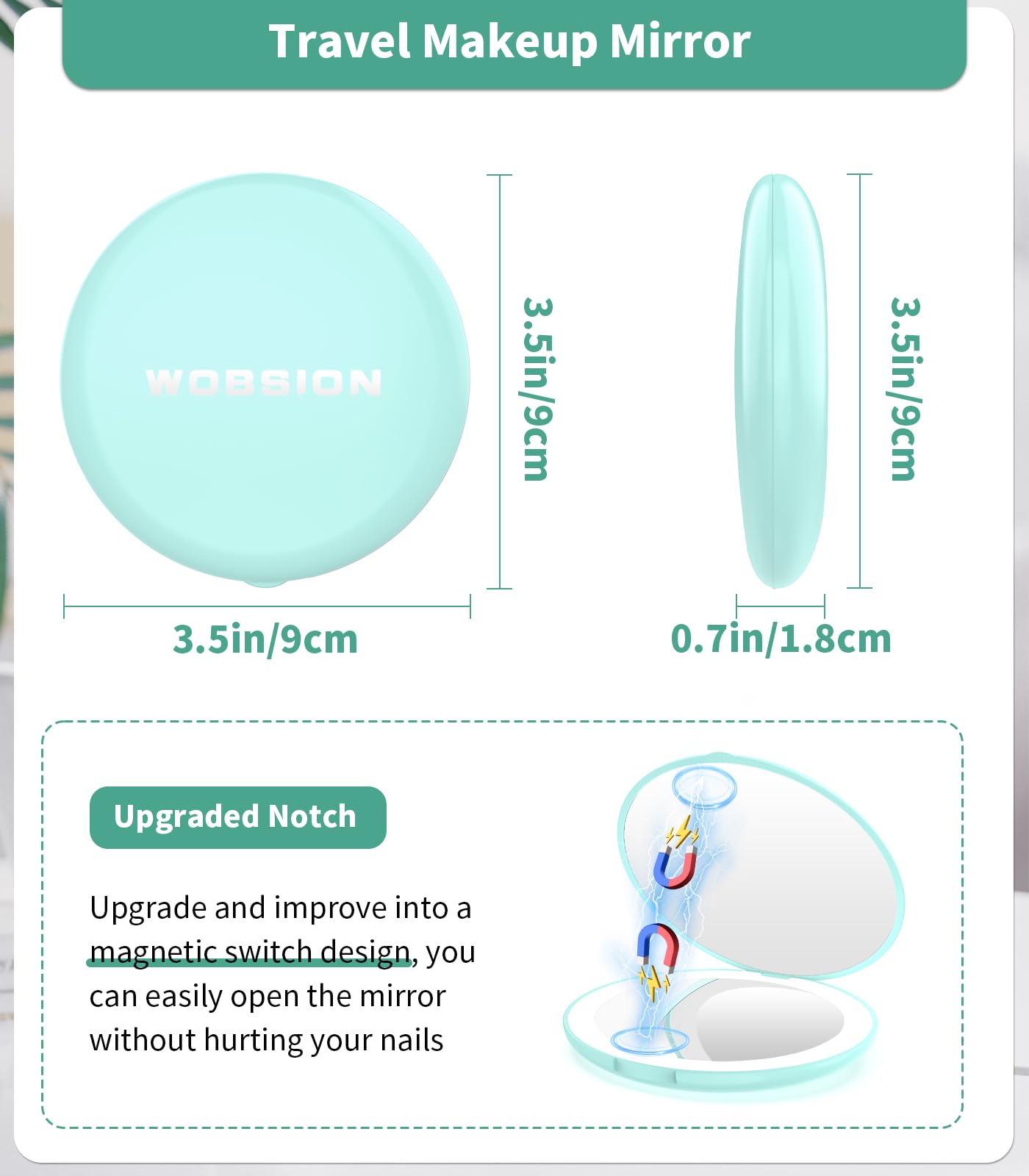 WOBSION LED Lighted Travel Makeup Mirror, 1x/10x Magnification, Compact, Portable for Handbag, Purse, Pocket, 3.5 inch Illuminat