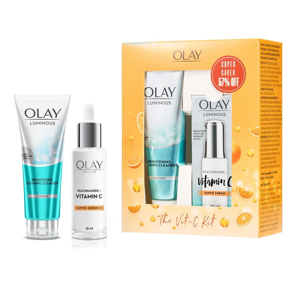 Olay Vitamin C Kit For 2X Glow | Vitamin C Serum With Free Cleanser L Even Glow And Smooth Texture | With Niacinamide L Normal, 