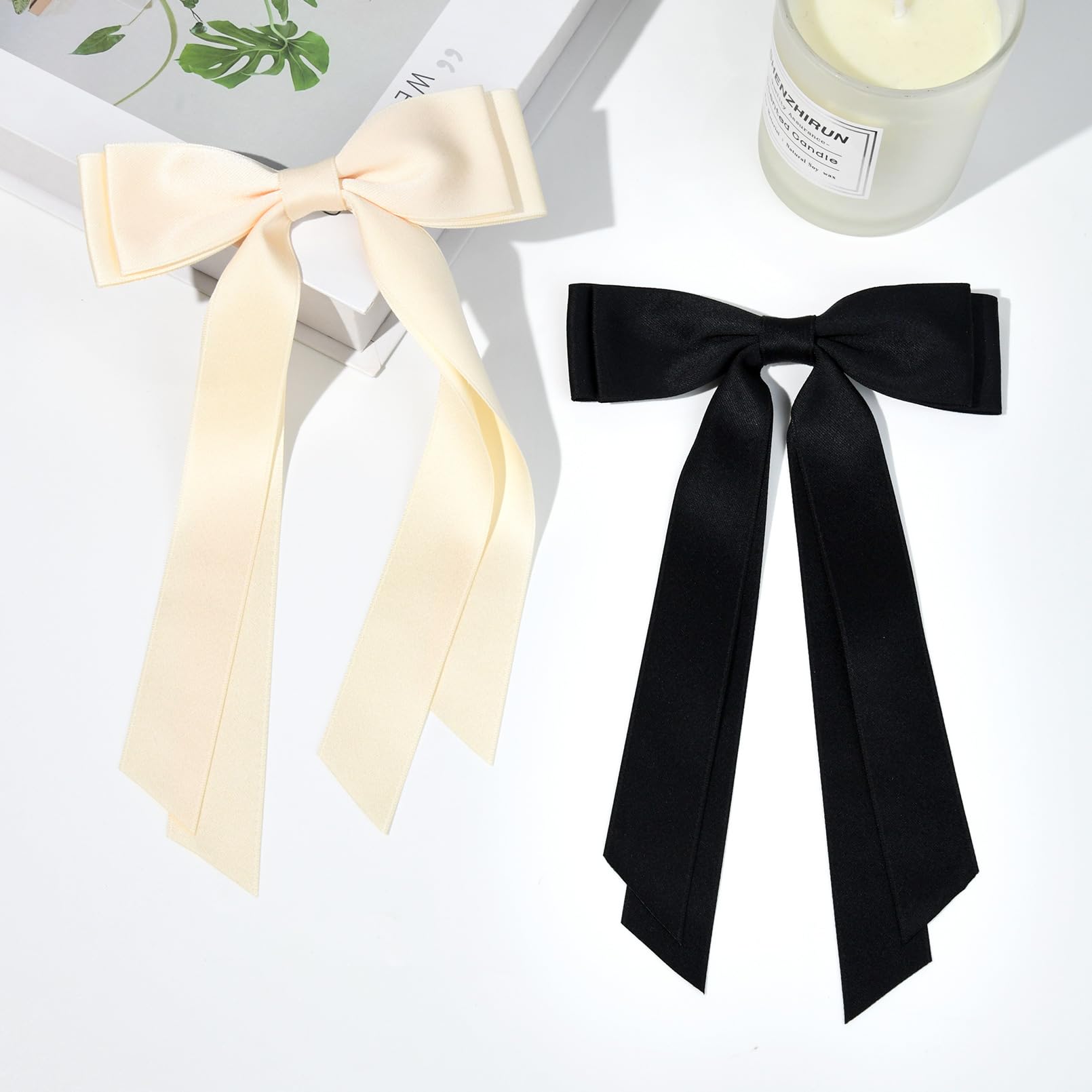 2PCS Silky Satin Hair Bows Hair Clip Beige Black Hair Ribbon Ponytail Holder Accessories Slides Metal Clips Hair Bow for Women G