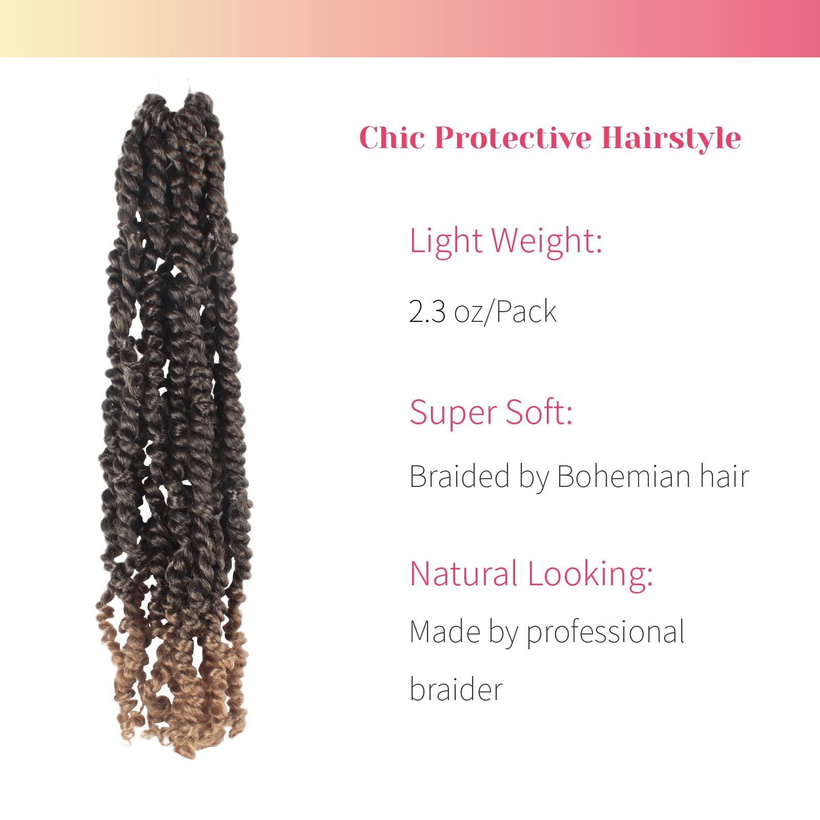 The BOHOBABE Pre-twisted Passion Twist Crochet Hair 16 Inch Pre-looped Crochet Passion Twist Braiding Hair 8 Packs Soft Bohemian