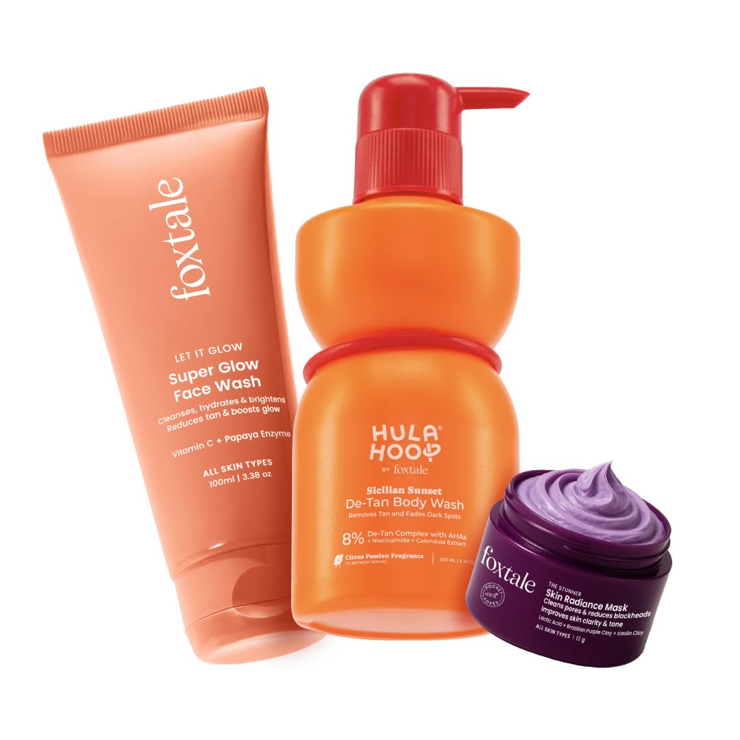 Hula Hoop Glow On Combo By Foxtale | Super Glow Face Wash, DeTan Body Wash, Skin Radiance Mask | Daily Tan Remover, Reduces Tan