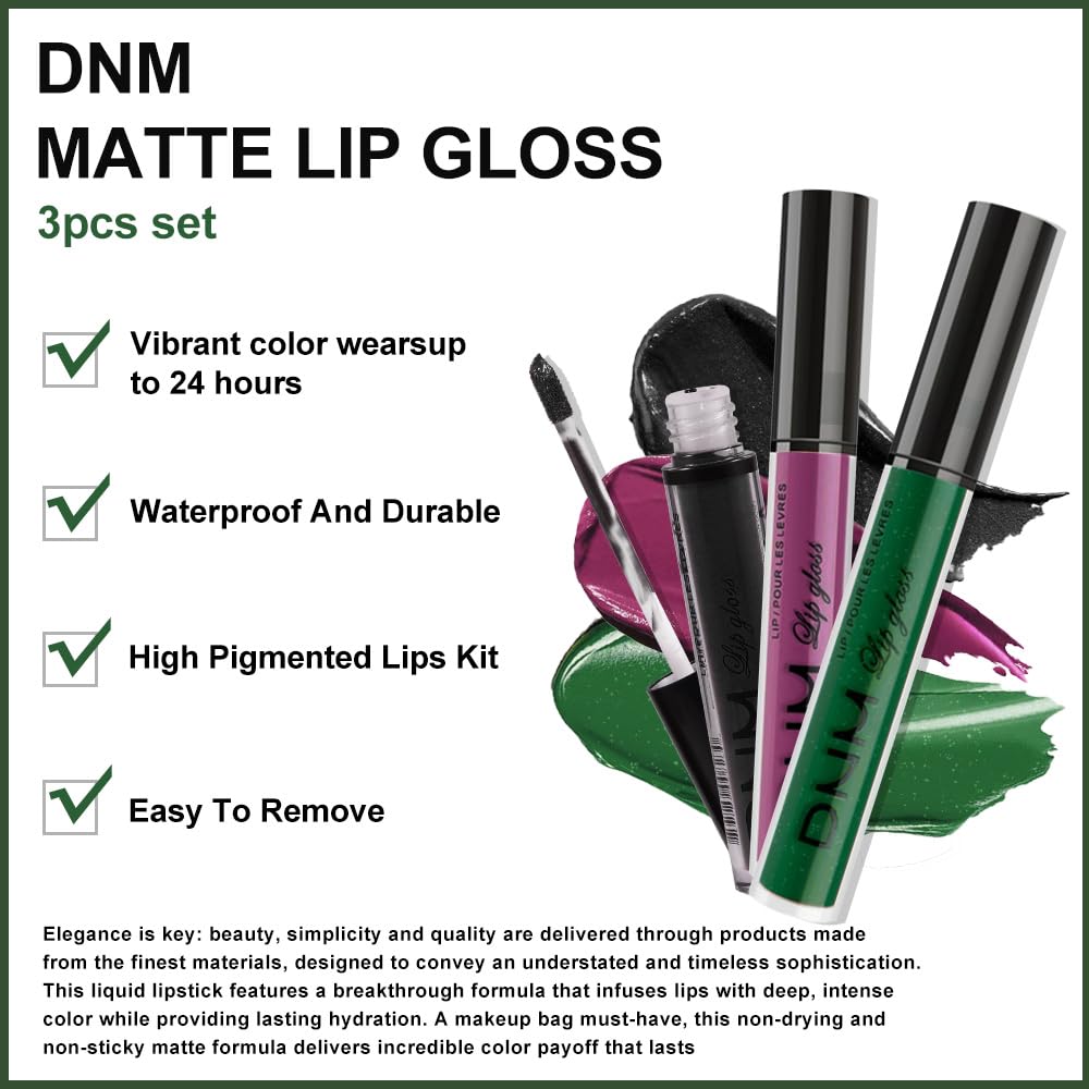 Amy'S Diary Purple Green Black Matte Plum Liquid Lipstick 3Pcs Sets,24-Hour Lipstick Long Lasting Permanent L Magic Lipstick Wat