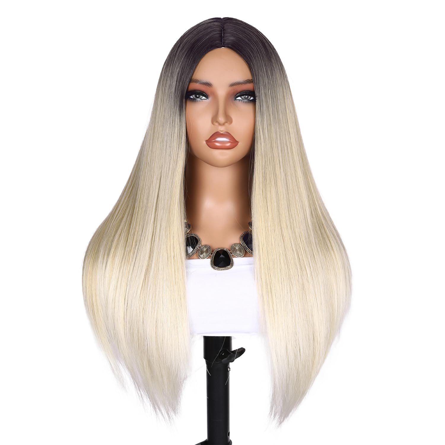 Wiger Long Ombre Blonde Straight Wig For Women 26 Inch Middle Part Honey Blonde Straight Hair Wig Natural Looking Synthetic Colo