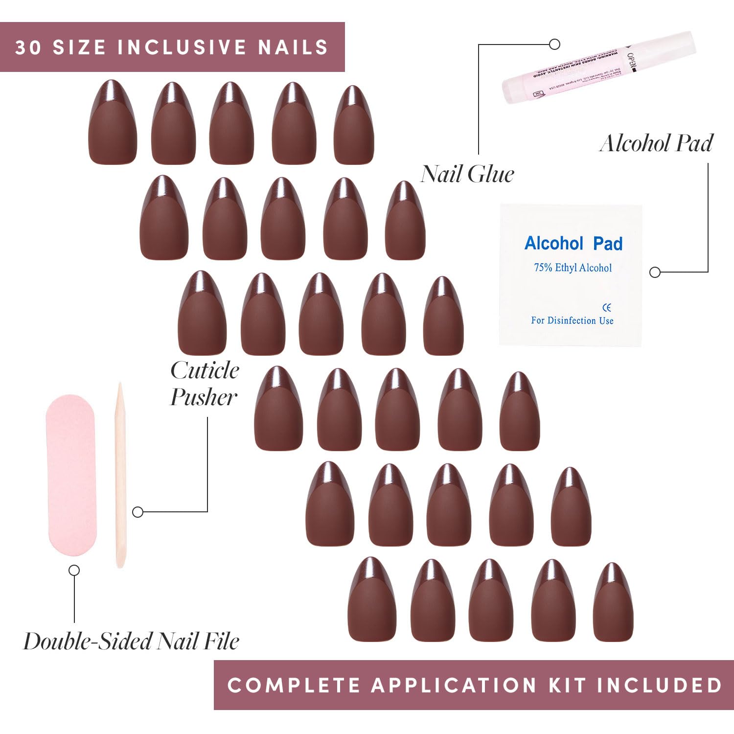 Glamnetic Press On Nails - Terra | Short Almond Dark Brown Nails With Glossy French Tips In A Matte Finish | 15 Sizes - 30 Nail