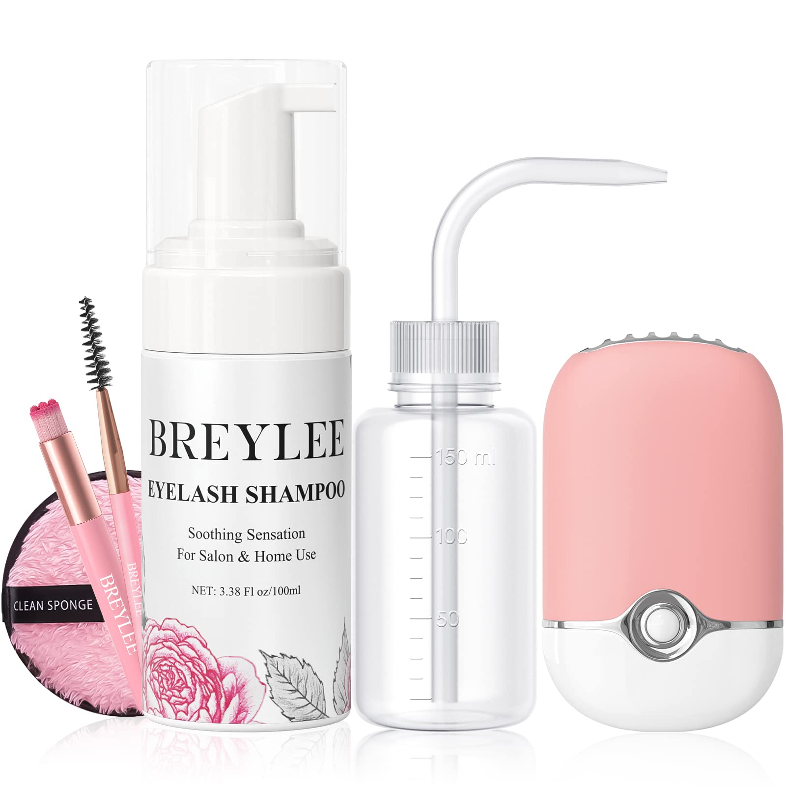 Breylee 100 Ml Lash Shampoo For Lash Extensions, Lash Fan Dryer+Rinse Bottle+Brushes+Cotton Puff, Eyelash Extension Cleanser, La