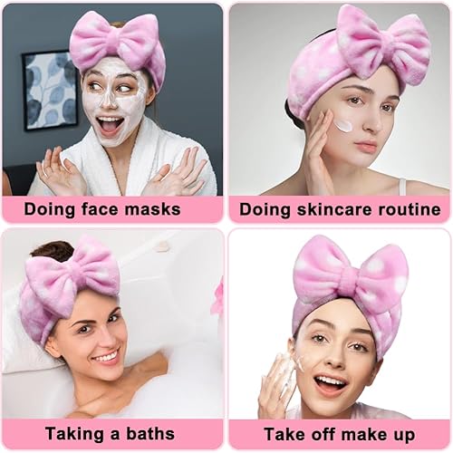 Shintop Women Fashion Lovely Soft Carol Fleece Bowknot Bow Makeup Cosmetic Shower Elastic Hair Band Hairlace Headband (Pink Polk