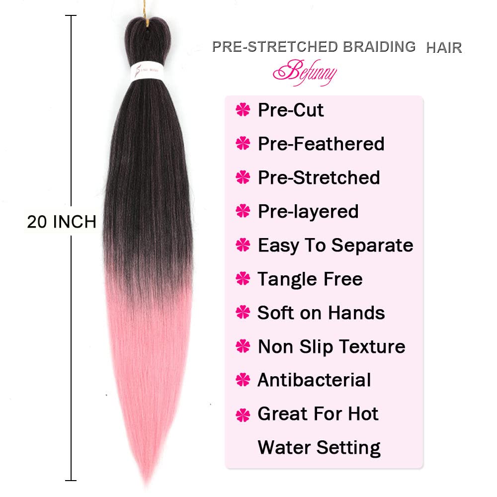 Braiding Hair, 20 Inch 8 Packs Pre-Stretched Braiding Hair, Pink Prestretched Braid Hair, Soft Colourful Synthetic Hair For Huma