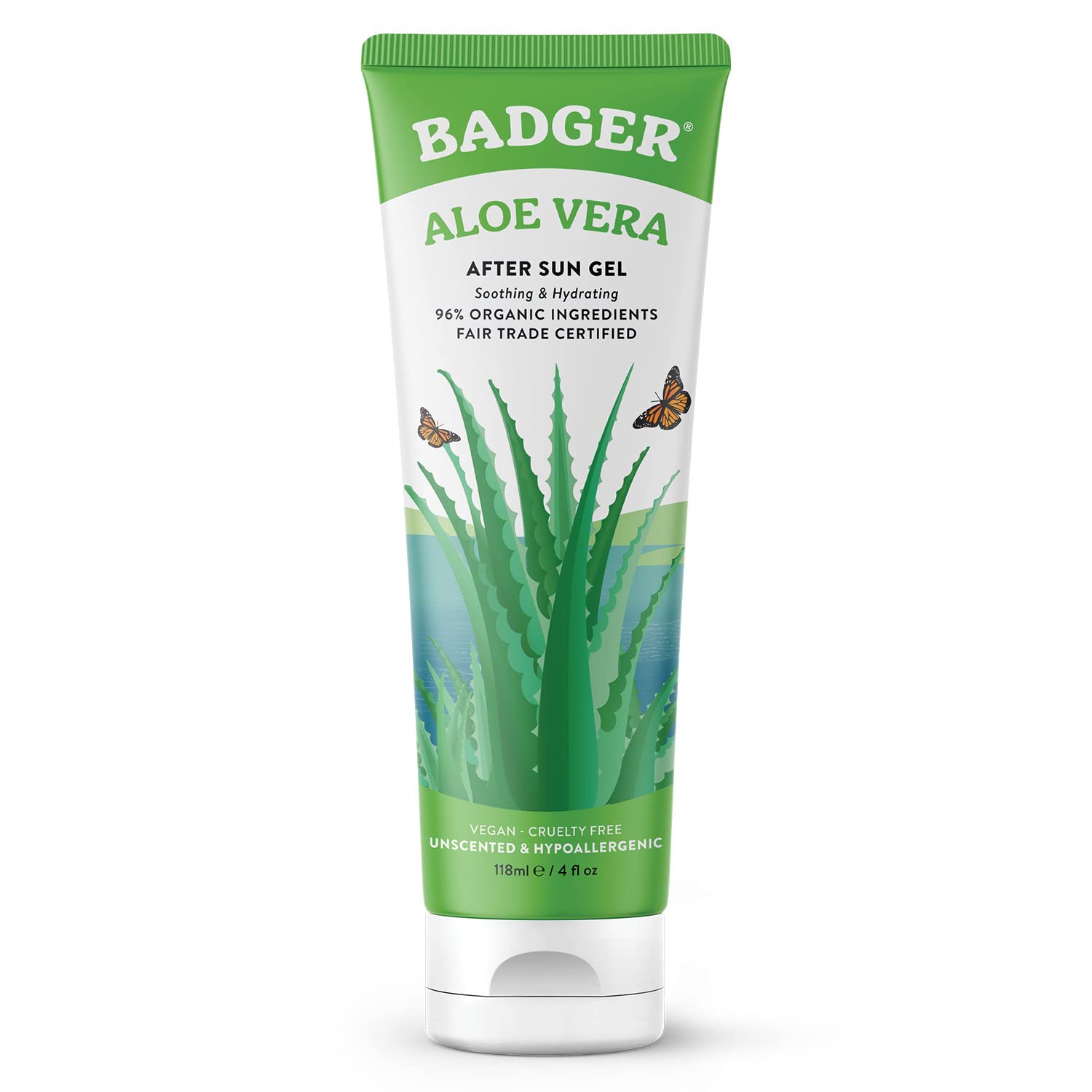 Badger Aloe Vera Gel for Sunburn Relief, Fair Trade & Organic After Sun Care, Pure Cooling Soothing Aloe Vera Gel for Face & Ski