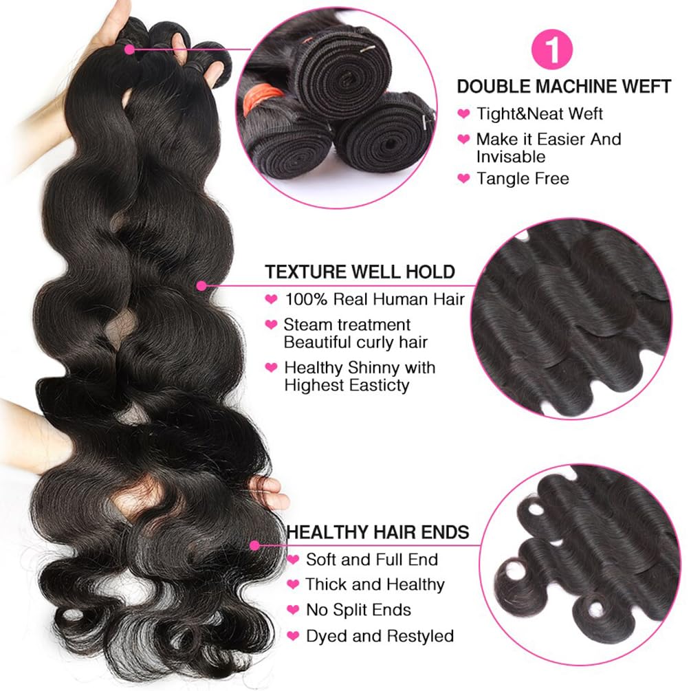 Brazilian Body Wave Human Hair 3 Bundles With 4X4 Lace Closure (20 22 24+18C) 12A 100% Unprocessed Virgin Human Hair Weave Bundl