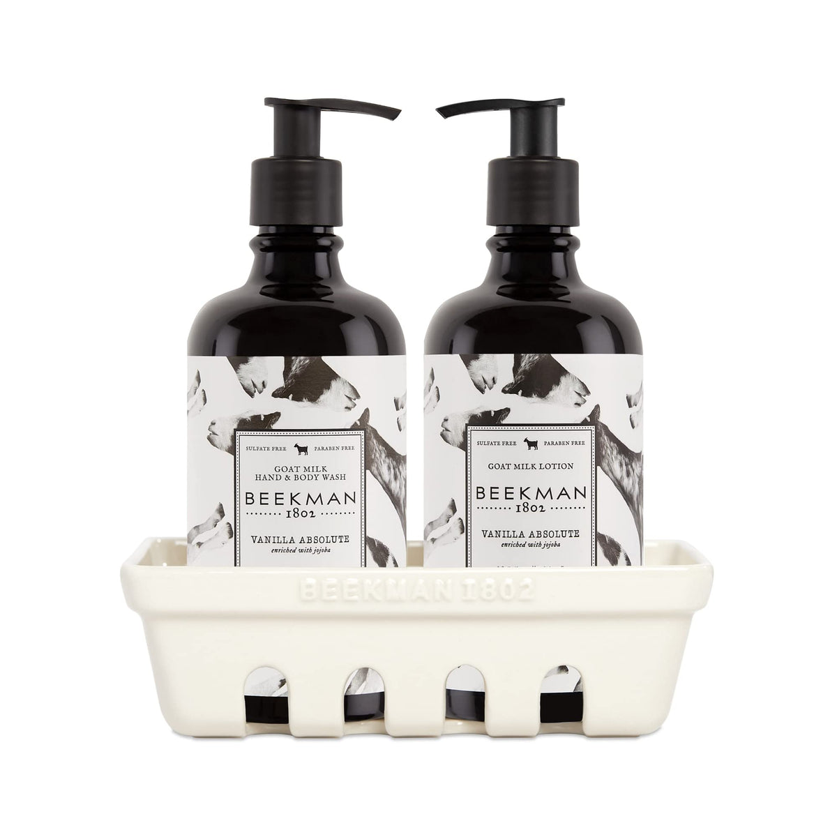 Beekman 1802 Hand Wash & Lotion Ceramic Caddy Set, Vanilla Absolute - Scented - 12.5 oz Each - Deeply Cleanses & Hydrates Dry Ha