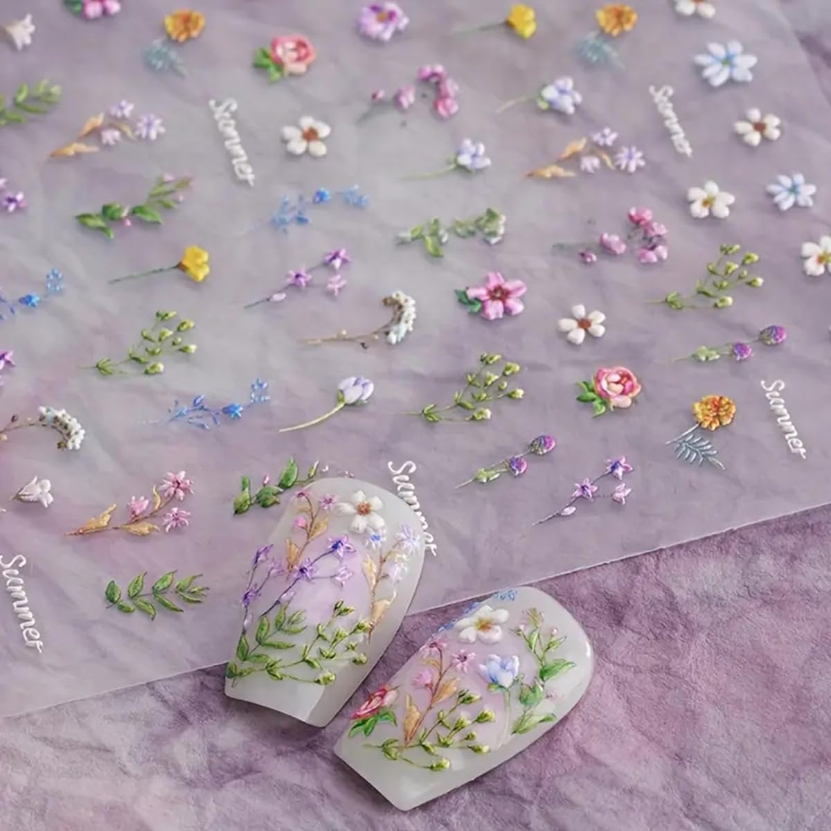 Flower Nail Stickers for Nail Art - Flower Nail Art Stickers Summer Floral Leaf Plant 5D Embossed Nail Decals Self-Adhesive Nail