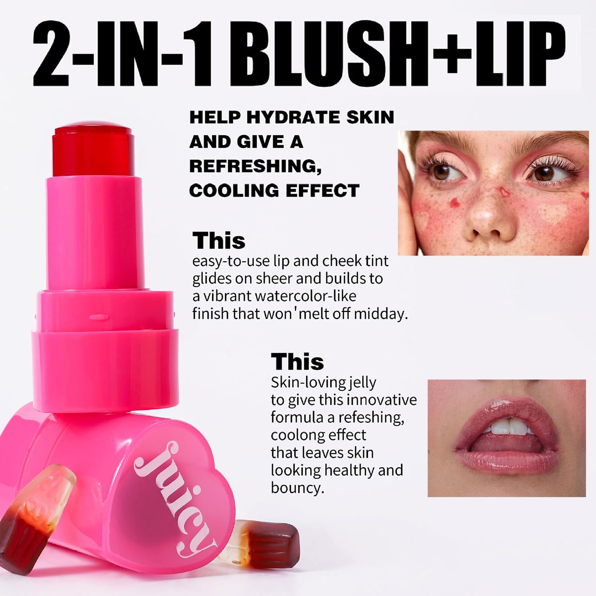FYEBOO Cooling Water Jelly Tint Blush, Multi-Use Juicy Jelly Lip + Cheek Tint, Hydrating & Bouncy Jelly Texture, Long-lasting Sh