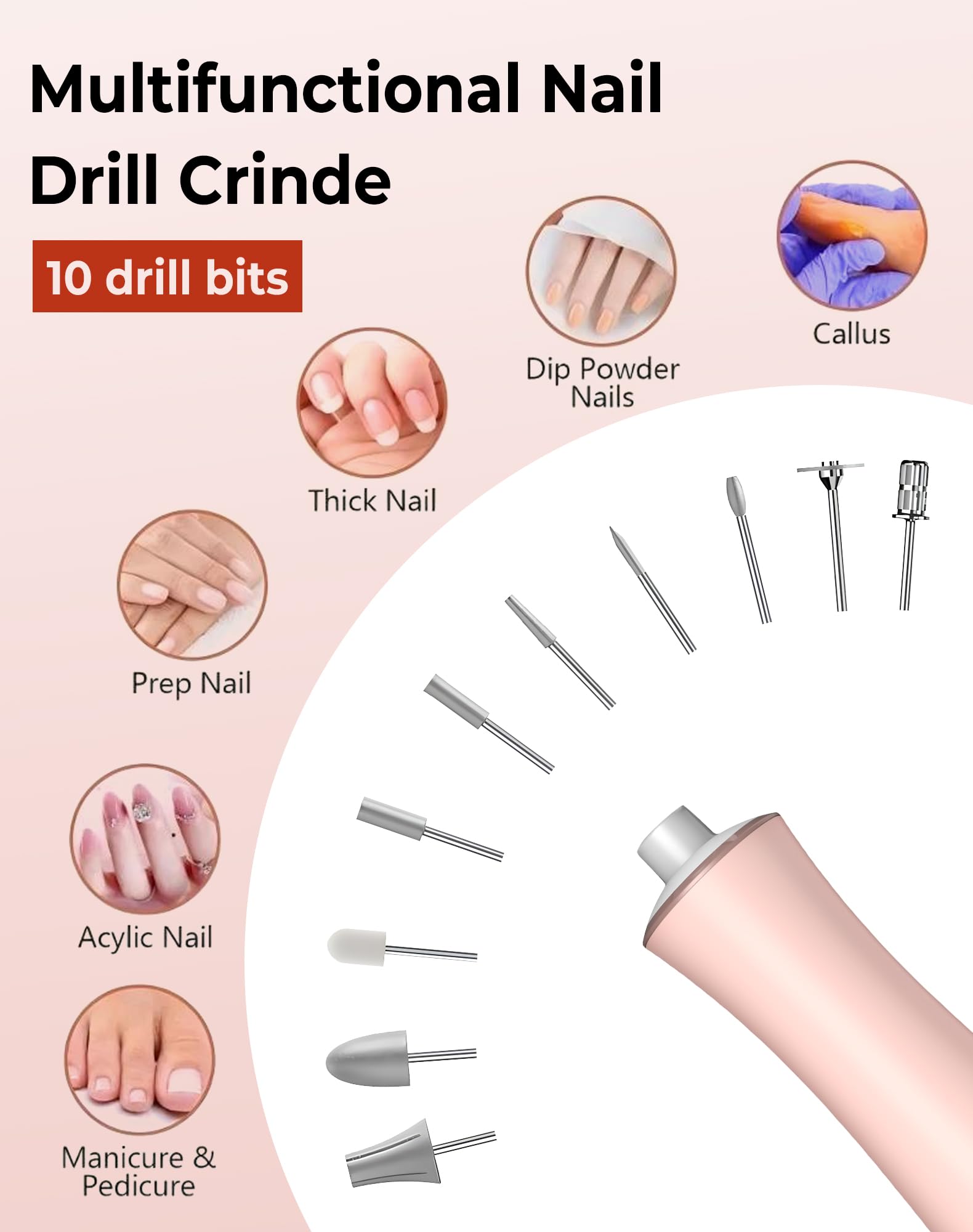 Cordless Nail Drill File 10 Speeds Electric Portable Manicure Pedicure Kit Rechargeable Nail Care Tool 360 Led Light Lcd Display