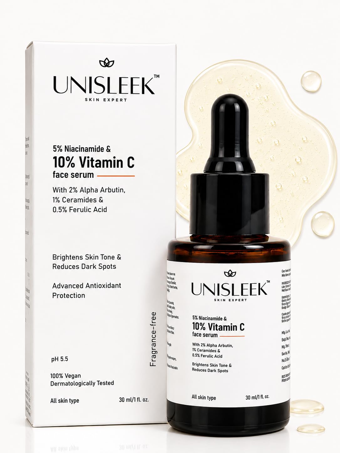 Unisleek 10% Vitamin C Face Serum With 5% Niacinamide & 2% Alpha Arbutin For Brightening, Dark Spots, Acne Marks & Pigmentation 