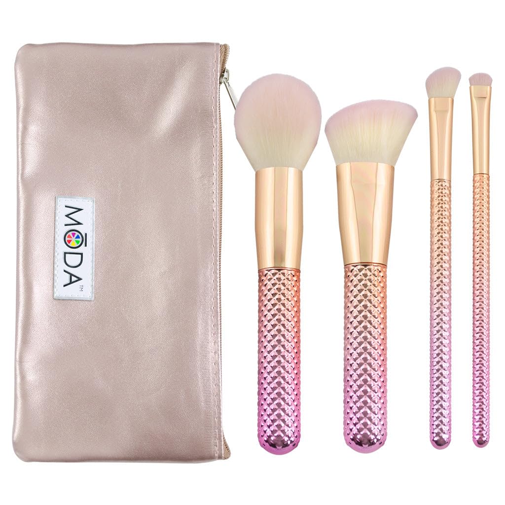 MODA Full Size Metallic Rose Complete Face 5pc Makeup Brush Set with Pouch, Includes - Round Powder, Angle Kabuki, Angle Shader,