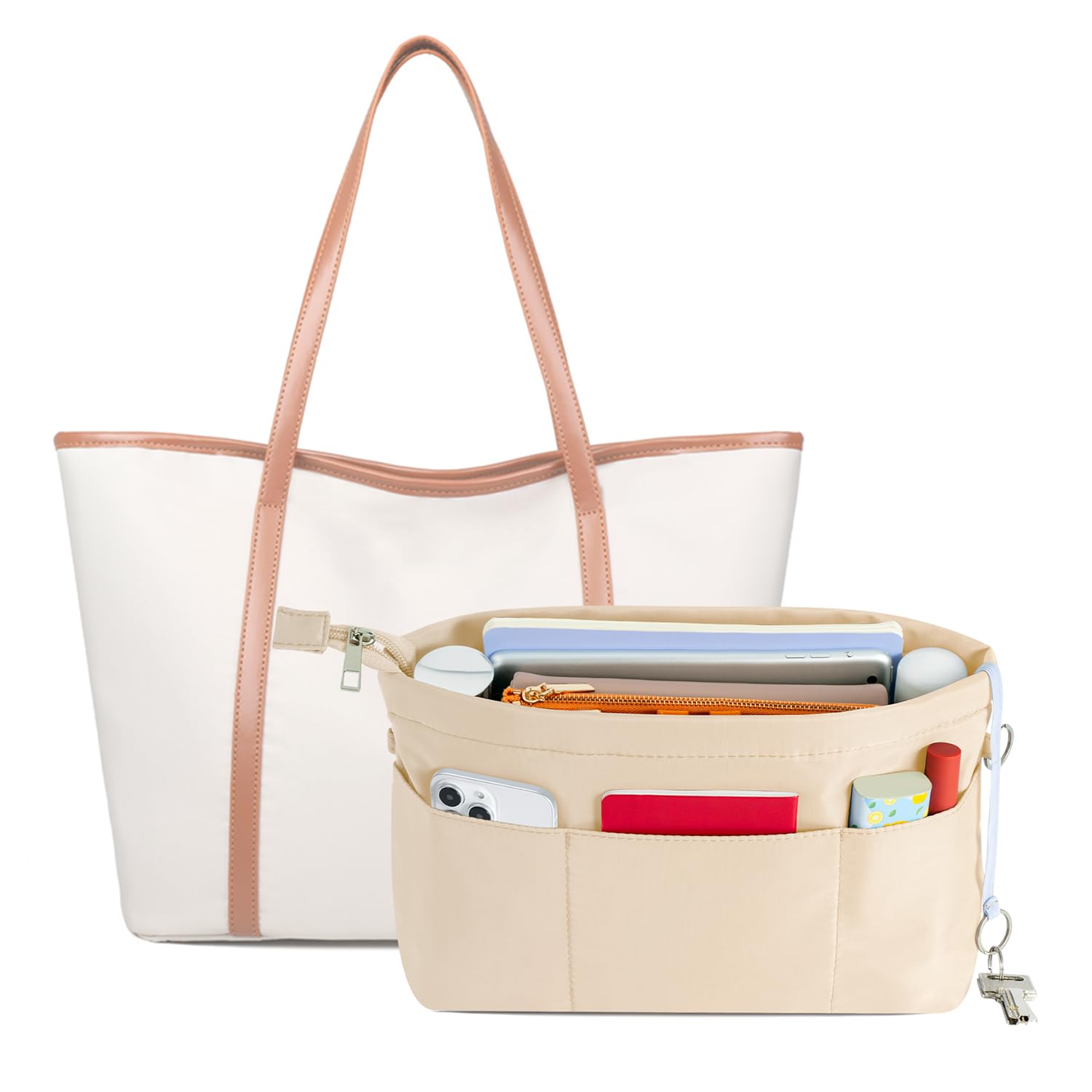HyFanStr Purse Organizer Insert with Zipped Top for Tote Bag, Handbag Shaper with 13 Pockets, Beige L