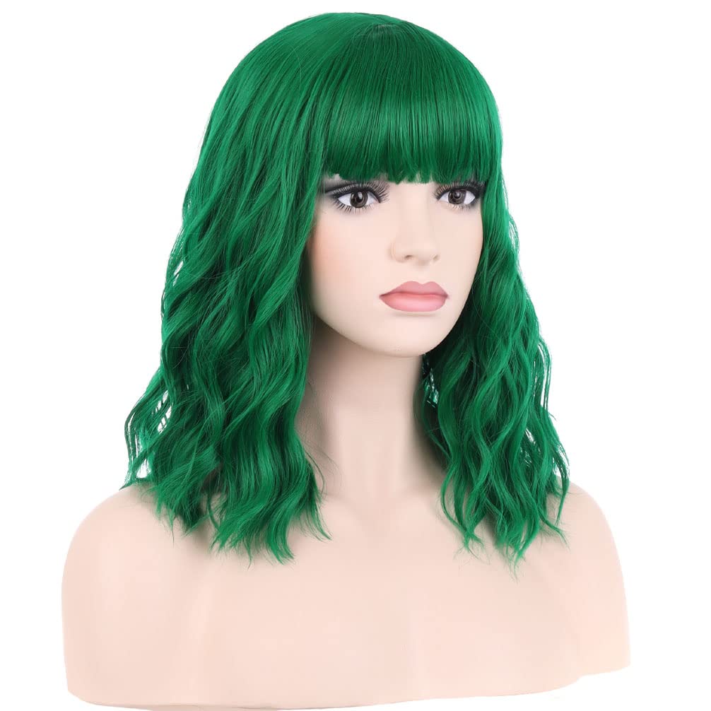 PATTNIUM 14 Inches Green Wig Short Wavy Wig Dark Green Wig with Bangs Women Girls Heat Resistant Synthetic Cosplay Costume Wig (