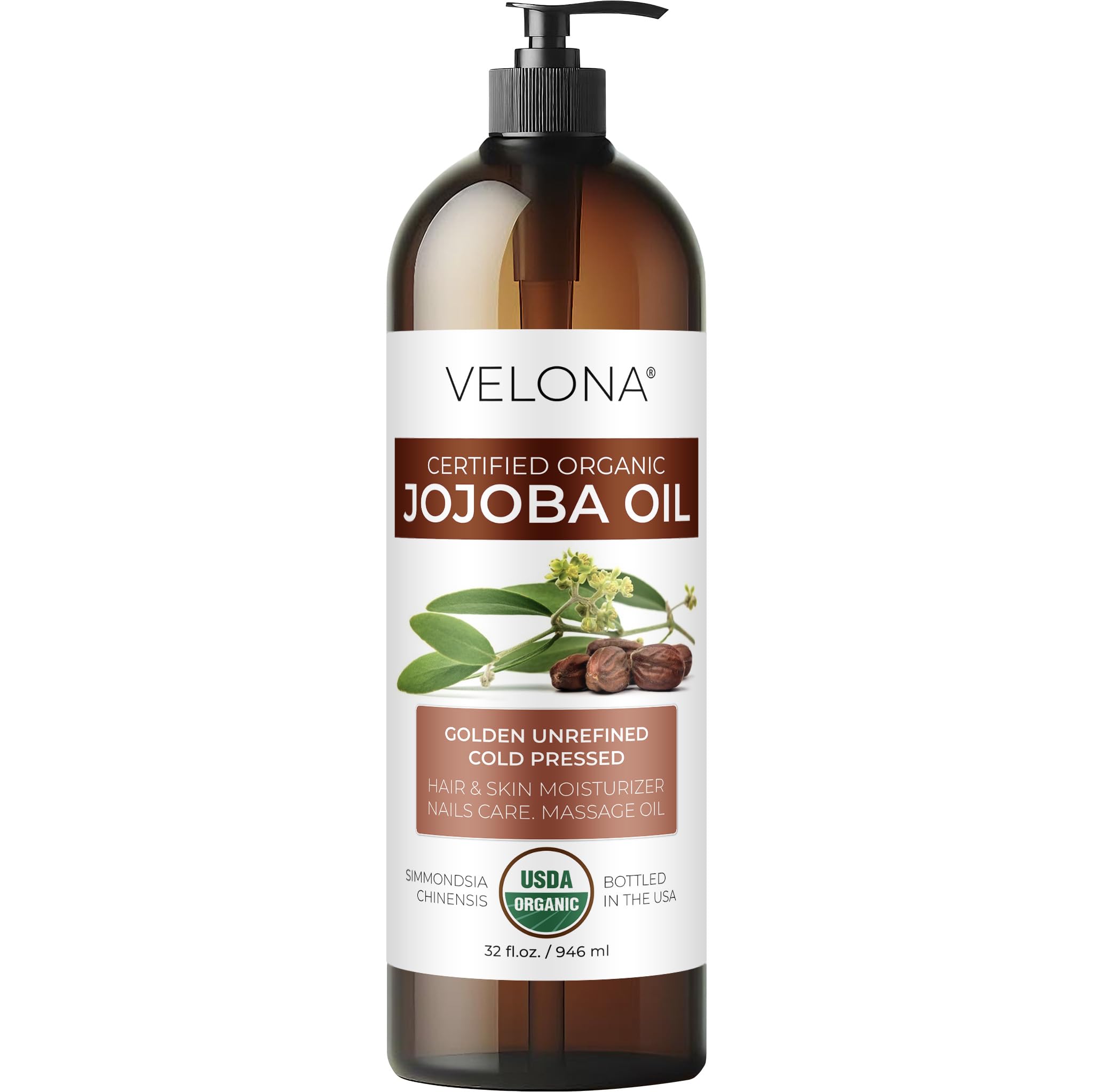 Velona Jojoba Oil Usda Certified Organic - 32 Fl Oz (With Pump) | 100% Pure And Natural Carrier Oil| Golden, Unrefined, Cold Pre