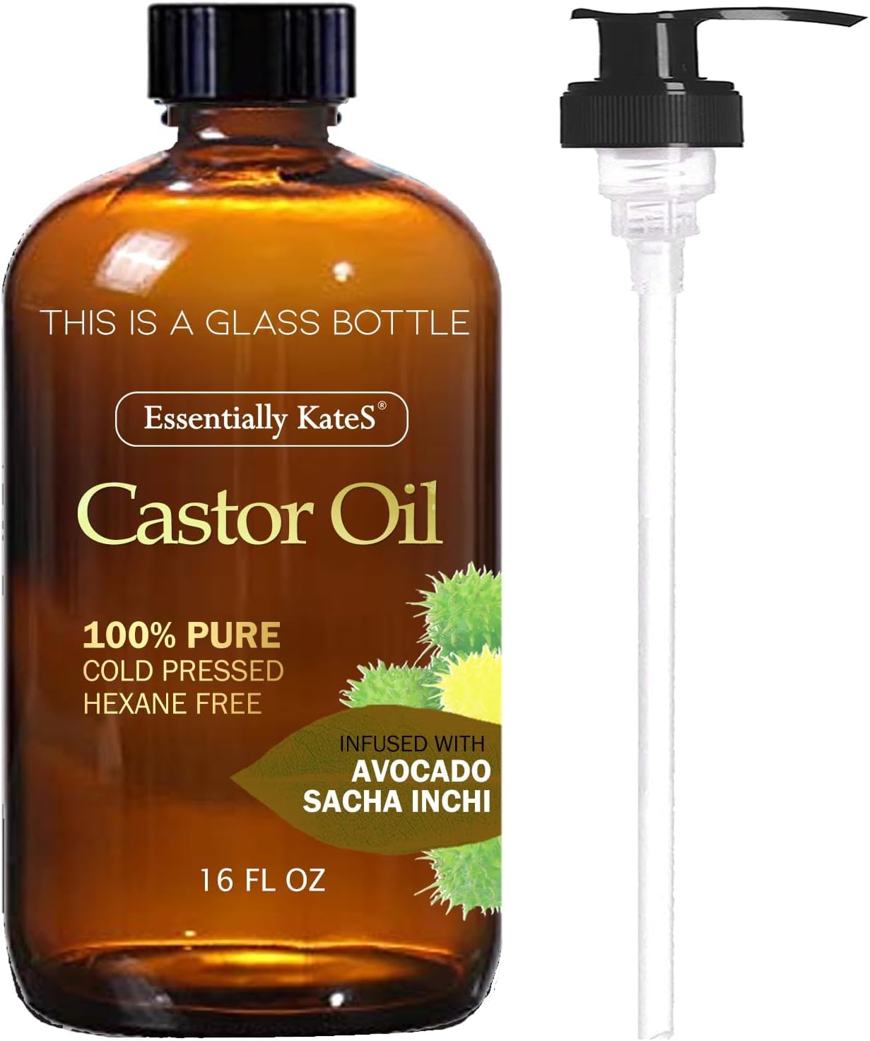 Essentially Kates Castor Oil 16 Fl Oz (Glass Bottle) - Avocado + Sacha Inchi- A Huge Glass Bottle With A Pump - 100% Pure And Na