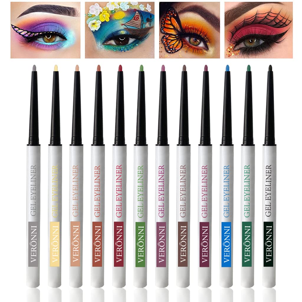 Veronni 12 Pcs Waterproof Eyeliner Pencil Set, Long-Lasting Eyeline Pen Kit, Retractable Eye Pencil Matte Soft Easy Wear High Pi