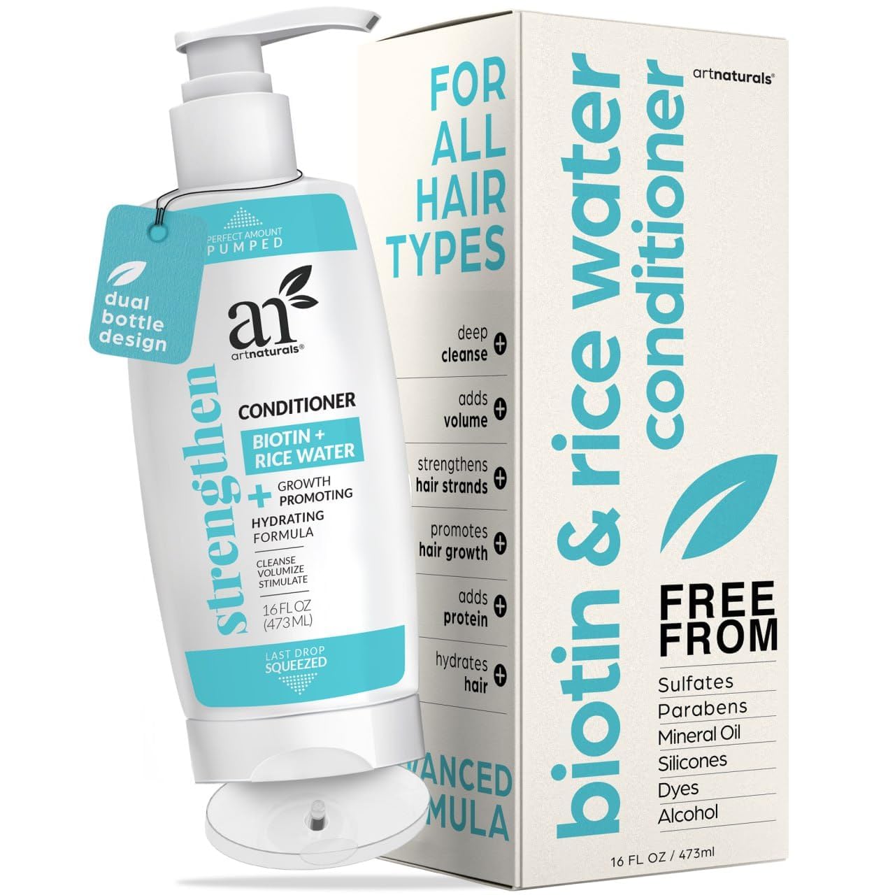 Artnaturals RiceWater + Biotin Conditioner - (16 Fl Oz / 473ml) - Sulfate Free - Dual Bottle - Made with Banana, Quinoa, and Coc
